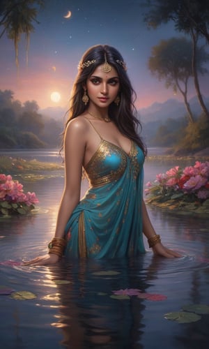 Imagine a sexy stunning young Indian native on her kness, washing her hair in a river, bathing in a river with long flowing hair peacefully immersed in the ethereal glow of a moonlit pond. Vibrant, colorful flowers encircle the tranquil scene, their vibrant petals reflecting the soft light. Wisps of gentle fog embrace the landscape, adding an air of mystery and enchantment to this captivating nocturnal oasis. A mesmerizing blend of serenity, elegance, and natural beauty.,Indian Model