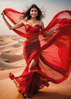 Photo-realistic, Ultra realistic (full body), photo of gorgeous 18 years old indian girl, sexy model, (model pose), (), (covered with huge transparent red fabric floating in the wind), revealing her godess body shape, (seethrough), radiant smile, in heavy wind in a desert,  epic, masterpiece, brilliant composition, (finely detauled expresive eyes and detailed face),Beautiful Indian girl ,Indian Woman,Extremely Realistic,Indian Girl,Insta Model
