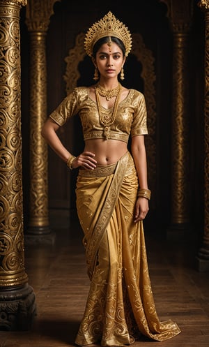 A majestic indian woman stands majestically against a dark wood backdrop in a warm, golden-lit studio setting. She wears Traditional Thai Royal Attire, featuring Chong Kraben with flowing drapes and delicate folds, paired with a majestic Raj Patterned Shirt embroidered with intricate patterns and gold threads. Phasin silk skirt swirls around her legs, cinched by Sangwan belt at her waist. Kanok headdress catches the light, adorned with fine Accessories including beaded necklaces and rings. Her regal pose exudes confidence and cultural pride as she stands out against a warm, golden glow.