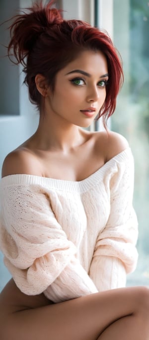 Generate hyper realistic image of a Indian woman with striking green eyes and luscious red hair, dressed in an off-shoulder sweater, sleeves extending elegantly past her wrists. She sits on the floor with her knees up, near a sunlit window, her long hair falling in gentle waves around her. A ponytail adds a playful touch to her appearance, while she exudes an aura of allure and mystery. The soft glow of sunlight illuminates her features as she leans against her arm support.,Indian