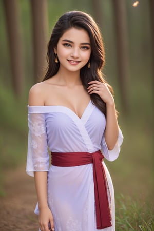 (1girl, medium breast, off-shoulder red yukata, bashful, in love, drunk, fireflies in background, alluring smile, beautiful small hands, photo of perfecteyes eyes), masterpiece, best quality, high resolution, UHD, realism, realistic, depth of field, wide view, raytraced, full length body, mystical, luminous, translucent, beautiful, stunning, a mythical being exuding energy, textures, breathtaking beauty, pure perfection, with a divine presence, unforgettable, and impressive.,Indian