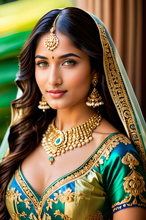 In a mesmerizing vertical portrait, a lovely Indian girl with long hair and lustrous locks poses directly facing the viewer, her bright blue-green eyes sparkling with gentle amusement under delicately defined eyebrows. She wears an exquisite, ornate outfit with intricate details that seem to defy reality. Her toned physique is showcased, highlighting her impressive cleavage and athletic build, as she stands confidently with a subtle smile playing on her lips. The focus is on her stunning facial features, including her flawless skin, expressive eyes, and striking eyelashes, all rendered in meticulous realism with an air of transparency and perfect anatomy.