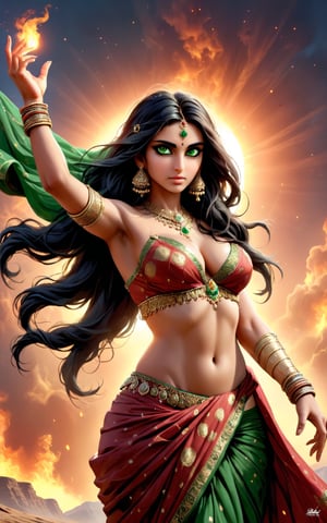 closeup photo, Indian girl, 21 year old, sexy sari without blouse , standing breve in epic pose, burning sky above him, epic light, beautiful face, large eyes, green eyes, large breasts, deep cleavage, sexy pose, long hair, brave and beautiful, worrier 