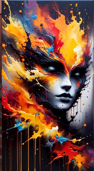 A dark fantasy portrait, dominated by warm hues of orange, yellow, and red. The artwork features splatters and blends of these vibrant colors, creating a sense of movement and energy. The entire canvas appears wet, with the colors merging and blending in various areas, forming a dynamic and fluid appearance. The overall atmosphere of the painting is mysterious and evocative, drawing the viewer into its hauntingly beautiful world., dark fantasy