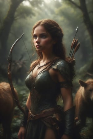 Queen of hunting full body, Artemis is a fierce and agile huntress, with a bow and quiver of arrows at her side. Her eyes are sharp and focused, and she is accompanied by wild animals.,Insta Model,more detail XL