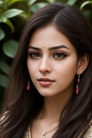 (best quality,4k,8k,highres,masterpiece:1.2),ultra-detailed,(realistic,photorealistic,photo-realistic:1.37),Indian girl with wavy hair, bangs,captivating eye contact,dark theme,pensive expression,dramatically lit,subtle shadows,lush garden background,mysterious atmosphere,ethereal glow,soft focus,fine brush strokes,classic painting style,hint of melancholy,vivid colors,dreamlike,whimsical ambiance,candid pose,attention to hair details,delicate strands of hair,earrings, necklace, realistic skin, realistic eyes, glistening highlights,sophisticated facial features,subtle makeup,gentle smile,alluring charm,captivating gaze,slightly tilted head,hint of wind blowing through her hair,intense yet serene,optical illusion,harmonious composition,highlights and shadows playing with depth,contrast between light and dark,contrast between warm and cool tones,subtle floral motifs,romantic and enchanting