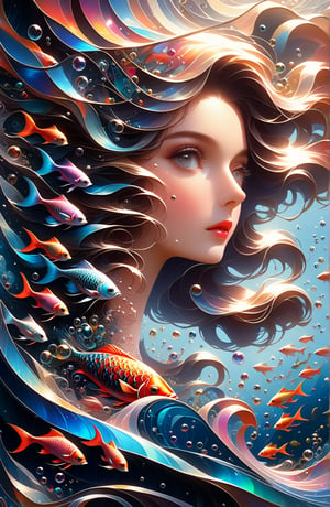symphony, beautiful female enjoying music, playing with an exotic fish, ((Vibrant depictions of sound wawes)) waves forming music notes, colorful marine creatures, water bubbles, symphony, sweet expression, symphony of waves, sea melodies, surrounded  by waves forming intricate sonic patterns, wide angle, vivid colors, 8k, inspired by Michael Cheval, beautiful eyes, perfect hands, beautiful face + symmetrical face,  highly detailed, intricate complexity, juxtaposing, epic composition, magical atmosphere + masterpiece, perfect hands+five fingers hands, (intricate detail), (super detailed), 8k hdr, high detailed, soft cinematic lighting, atmospheric perspective,ray tracing, underwater world background,ray tracing, perfec teyes, 8K, Film Poster, Her iridescent scales shimmer with a pearlescent glow, perfecteyes, absurdity, Magical Fantasy style,d1p5comp_style