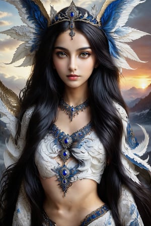 beautiful Indian girl, 23 year old, A fantastic painting depicting a snow-white dragon queen wearing a tiara and necklace, spreading her wings in front of a breathtaking sunset backdrop. The art is done in a realistic style using oil paints and intriguing details reminiscent of the works of Leonardo da Vinci and Rembrandt. Each element is expressive and worked out to the smallest detail, giving the work a hyper-realistic look. This work will definitely attract the attention of fantasy lovers and Russian artists such as Viktor Vasnetsov or Ilya Efimovich,Insta Model,APEX SUPER REAL FACE XL ,DonM3l3m3nt4lXL