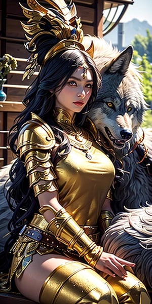 (A red and gold image of a young girl as a warrior woman, dressed in fine armor, with a large gray wolf next to her with it's head nestled on the girl's lap, in the background of an oriental-style scene), masterpiece, HDR, depth of field, wide view, bright background, raytraced, full length body, unreal, mystical, luminous, surreal, high resolution, sharp details, with a dreamy glow, translucent, beautiful, stunning, a mythical being exuding energy, textures, breathtaking beauty, pure perfection, with a divine presence, unforgettable, and impressive.