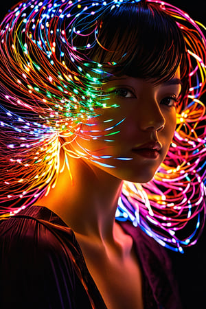 best quality, 4k, 8k, highres, masterpiece:1.2), ultra-detailed, (realistic, photorealistic, photo-realistic:1.37), Luminogram portrait with fiber optic light painting, Light field photography, Light painting, Light tracing, portraits, bokeh, studio lighting, physically-based rendering, vivid colors, sharp focus, reverse vignette, ethereal glow, colorful, delicate details, soft shadows, luminescent strands, subtle highlights, ambient incandescent light, fantastical atmosphere, glowing figures, unconventional light sources, contrasting hues, fiber optic brushstrokes, hypnotic patterns, trail of lights, playful illumination,ANIME