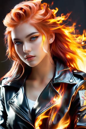 masterpiece, highly detailed full body image of a teen girl with light gray eyes, Light orange long hair, punk hairstyle, sweet and shy expression, lttle evil smile, ((wearing a black leather jacket umbottoned and open with moving over her nude body,)) cozy lighting, very dark background, portrait, unusual composition, use of negative space, spectral, full body, detailed eyes, detailed mouth,LegendDarkFantasy,fire element,DonMF1r3XL