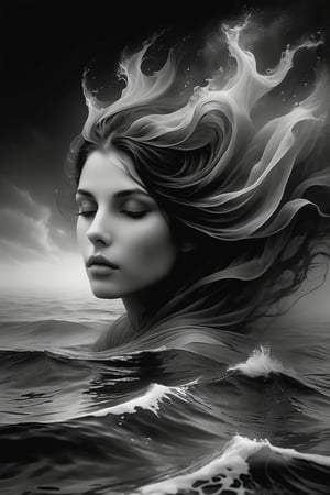 A stunning woman with dark hair, shrouded in mystery, floats serenely beneath the surface of a mystical sea. Black and white tones dominate the scene. haze  envelop her ethereal form. Her head tilted back, she gazes upwards with open eyes that convey intense emotions: pain or sorrow. Finely detailed features on her face, including expressive eyes and intricate facial expressions, draw the viewer's attention to her enigmatic allure. high contrast, 12K,Insta Model,DonMW15pXL