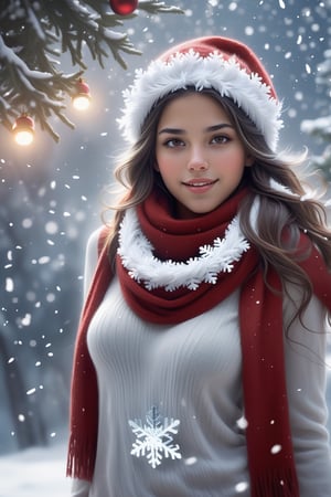 
In this Christmas scene, a sexi latina girl stands alone in the snowy landscape. She wears a red Christmas hat, and her long hair dances in the chilly breeze. Wrapped in a deep red wool sweater, her scarf is adorned with delicate snowflake patterns.

The cold air tinges her cheeks with a slight rosy hue, while her eyes sparkle with warm anticipation. The slightly upturned face reveals a hope for the Christmas miracle. Snowflakes create a silver crown on her hair, as if crafting an ice and snow tiara for her.

Though her hands are not visible from behind, her posture exudes tranquility and expectation. Surrounding her is a silver-clad snowy scene, with a Christmas tree adorned with dazzling lights and gifts. The entire scene emanates warmth and joy, as if the magic of Christmas is about to unfold around her.