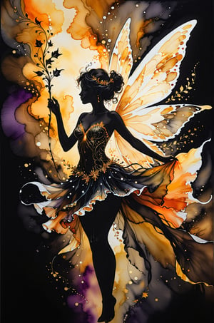 Silhouette Art, breathtaking ( absurdres divine aesthetic Fairy extravaganza alcohol ink sketch). amazing, fine, detailed, masterpiece, lovely, charming, awe-inspiring, radiant, magnificent. (all dark hues and fine vibrant orange glowing smoldering accent and shiny gold color scheme:1.02). glossy. award-winning, professional, highly detailed . extremely high-resolution details, photographic, realism pushed to extreme, fine texture, incredibly lifelike, high contrast, well defined .