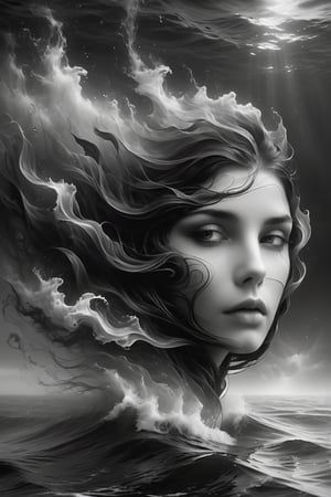 A stunning woman with dark hair, shrouded in mystery, floats serenely beneath the surface of a mystical sea. Black and white tones dominate the scene. haze  envelop her ethereal form. Her head tilted back, she gazes upwards with open eyes that convey intense emotions: pain or sorrow. Finely detailed features on her face, including expressive eyes and intricate facial expressions, draw the viewer's attention to her enigmatic allure. high contrast, 12K,Insta Model,DonMW15pXL,more detail XL