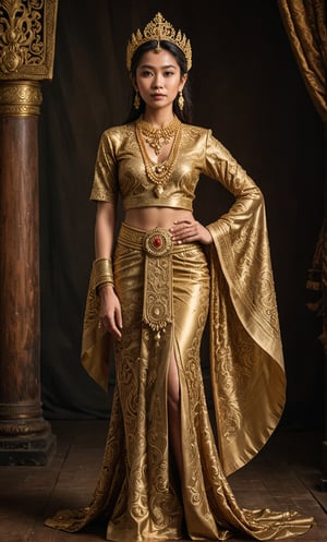 A majestic Thai woman stands majestically against a dark wood backdrop in a warm, golden-lit studio setting. She wears Traditional Thai Royal Attire, featuring Chong Kraben with flowing drapes and delicate folds, paired with a majestic Raj Patterned Shirt embroidered with intricate patterns and gold threads. Phasin silk skirt swirls around her legs, cinched by Sangwan belt at her waist. Kanok headdress catches the light, adorned with fine Accessories including beaded necklaces and rings. Her regal pose exudes confidence and cultural pride as she stands out against a warm, golden glow.