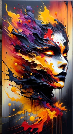 A dark fantasy portrait, dominated by warm hues of orange, yellow, and red. The artwork features splatters and blends of these vibrant colors, creating a sense of movement and energy. The entire canvas appears wet, with the colors merging and blending in various areas, forming a dynamic and fluid appearance. The overall atmosphere of the painting is mysterious and evocative, drawing the viewer into its hauntingly beautiful world., dark fantasy