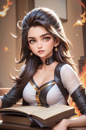 1 girl,{{Floating Fire Magic Spell and a burst of flam}},book,looking at viewer,close-up, cowboy shot,cinematic lighting, volume lighting, light particlestachie,dynamic angle ,ray tracing,, best quality, amazing quality, very aesthetic, absurdres,Indian