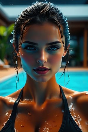 (Beautiful woman with wet hair in the swimming pool_Delicate eyes, nose, mouth), (Close-up angle_Wearing a black swimsuit and enjoying leisurely time on a large terrace), The interior is quiet and peaceful with bright movie lighting . Detailed description, highest quality, high definition, detail, masterpiece, 8k,
