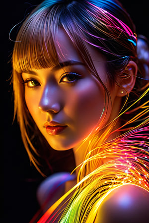 best quality, 4k, 8k, highres, masterpiece:1.2), ultra-detailed, (realistic, photorealistic, photo-realistic:1.37), Luminogram portrait with fiber optic light painting, Light field photography, Light painting, Light tracing, portraits, bokeh, studio lighting, physically-based rendering, vivid colors, sharp focus, reverse vignette, ethereal glow, colorful, delicate details, soft shadows, luminescent strands, subtle highlights, ambient incandescent light, fantastical atmosphere, glowing figures, unconventional light sources, contrasting hues, fiber optic brushstrokes, hypnotic patterns, trail of lights, playful illumination,ANIME
