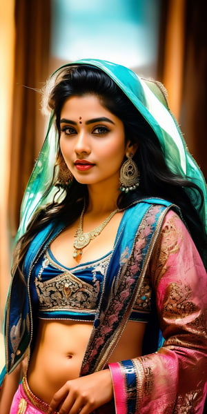 Generate hyper realistic image of a beautiful indian woman with long, flowing hair cascading down her shoulders, her piercing blue eyes gazing directly at the viewer. She wears a stylish ensemble with long sleeves and pink hair, set in a classic cowboy shot. Adorned with elegant earrings, she exudes confidence in her pants and hood attire.,Indian