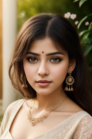 (best quality,4k,8k,highres,masterpiece:1.2),ultra-detailed,(realistic,photorealistic,photo-realistic:1.37),Indian girl with wavy hair, bangs,captivating eye contact,dark theme,pensive expression,dramatically lit,subtle shadows,lush garden background,mysterious atmosphere,ethereal glow,soft focus,fine brush strokes,classic painting style,hint of melancholy,vivid colors,dreamlike,whimsical ambiance,candid pose,attention to hair details,delicate strands of hair,earrings, necklace, realistic skin, realistic eyes, glistening highlights,sophisticated facial features,subtle makeup,gentle smile,alluring charm,captivating gaze,slightly tilted head,hint of wind blowing through her hair,intense yet serene,optical illusion,harmonious composition,highlights and shadows playing with depth,contrast between light and dark,contrast between warm and cool tones,subtle floral motifs,romantic and enchanting