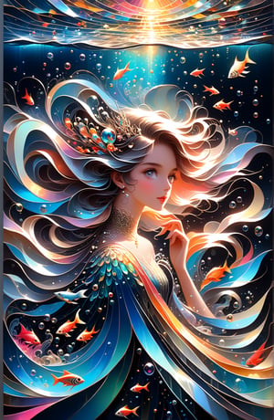 symphony, beautiful female enjoying music, playing with an exotic fish, ((Vibrant depictions of sound wawes)) waves forming music notes, colorful marine creatures, water bubbles, symphony, sweet expression, symphony of waves, sea melodies, surrounded  by waves forming intricate sonic patterns, wide angle, vivid colors, 8k, inspired by Michael Cheval, beautiful eyes, perfect hands, beautiful face + symmetrical face,  highly detailed, intricate complexity, juxtaposing, epic composition, magical atmosphere + masterpiece, perfect hands+five fingers hands, (intricate detail), (super detailed), 8k hdr, high detailed, soft cinematic lighting, atmospheric perspective,ray tracing, underwater world background,ray tracing, perfec teyes, 8K, Film Poster, Her iridescent scales shimmer with a pearlescent glow, perfecteyes, absurdity, Magical Fantasy style,d1p5comp_style