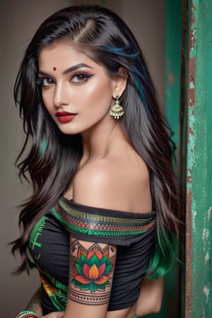 Photo of Indian woman, green-black balayage hair, long straight hair, huge pin up eyelines, high quality, photorealistic, black off shoulder t-shirt, cleavage, pale skin, colorful tattoo sleeves,Indian Model