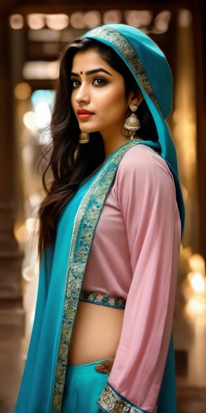 Generate hyper realistic image of a beautiful indian woman with long, flowing hair cascading down her shoulders, her piercing blue eyes gazing directly at the viewer. She wears a stylish ensemble with long sleeves and pink hair, set in a classic cowboy shot. Adorned with elegant earrings, she exudes confidence in her pants and hood attire.,Indian