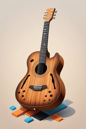 A brown guitar with 6 black strings, made of wood, in a realistic, clear, graffiti style,3d isometric,TSHIRT DESIGN