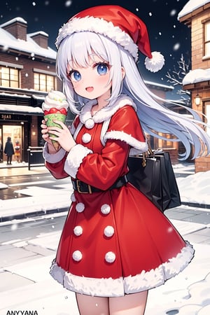 masterpiece, best quality, wearing dress, happy, looking at viewer, anya_forger_spyxfamily,winter clothing, snow falling from the sky, eating ice cream, shopping center, santa claus, gifts, shops,SPY X FAMILY