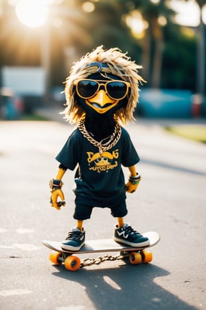 photograph of a cute skater crow,  wearing sun glasses and thick gold chains as jewellry, riding a skateboard | shallow depth of field, detailed and realistic, Nostalgic lighting, film grain, Canon eos 5d mark 4, Low shutter, Fujifilm Superia, 