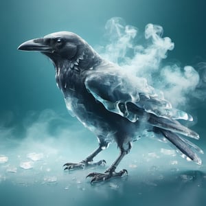 a crow,ice,  smoke