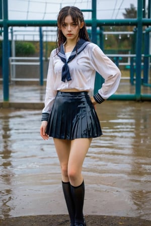 xxmixgirl, 1 woman, detailed face, Japanese style high school playground, detailed background, completely wet, wet hair, cinematic shadows, dramatic lighting by Bill Sienkiewicz, (Simple PositiveXLv1: 0.7), xxmix_girl, aesthetic portrait, sailor suit, skirt, shirt, pantyhose, shoes, wet clothes, heavy rain
