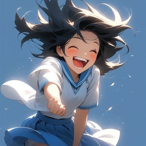 Cute female student, black hair, white uniform, blue skirt, laughing happily, gray background