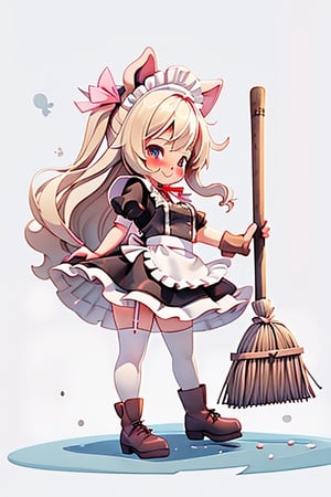 Cute girl with pig ears and nose, maid outfit, blond hair, happily sweeping the floor with a broom, gray background