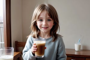 a cute kid, morning, lightbrown_hair, winter,happy_face, full-body_portrait,<30_second_webm,drinking_glass.