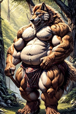 An obese anthropomorphic wolf with orange fur, a HUGE belly, thick legs, a chubby face, and muscular limbs, and a nearly spherical body, dressed in a loin cloth and carrying a huge wooden club over his shoulder and standing in a forest.