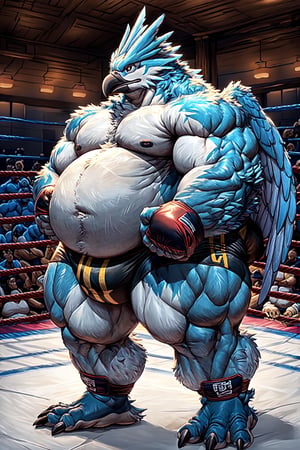 A fat anthropomorphic Articuno with blue feathers, a large belly, thick legs, a chubby face with beak and muscular wings, dressed like a sumo wrestler and standing in a temple, ready to wrestle.