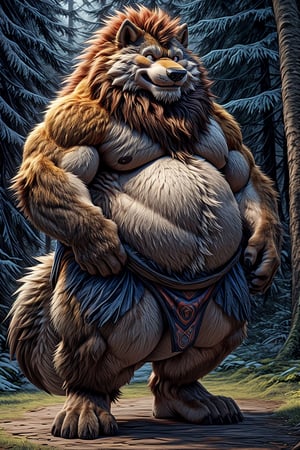 An obese anthropomorphic wolf with orange fur, a HUGE belly, thick arms and legs, a chubby face, and a fat, nearly spherical body, dressed in a loin cloth and carrying a huge wooden club over his shoulder and standing in a forest.