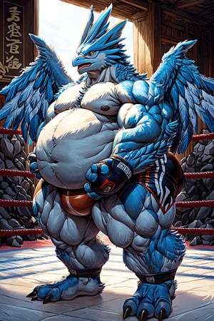 A fat anthropomorphic Articuno with blue feathers, a large belly, thick legs, a chubby face and muscular wings, wearing a sumo mawashi and standing in a temple, ready to wrestle.