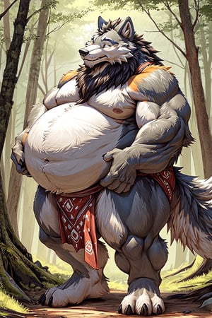 An obese anthropomorphic wolf with orange fur, a HUGE belly, thick arms and legs, a chubby face, and a fat, nearly spherical body, dressed in a loin cloth and carrying a huge wooden club over his shoulder and standing in a forest.