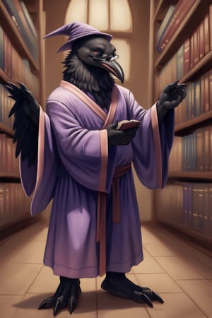 An anthropomorphic raven with black feathers and a black beak wearing dorky glasses and wearing a wizard robe standing in a library