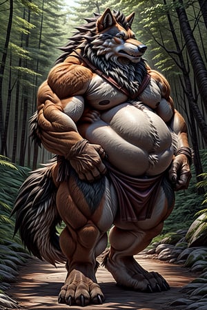 An obese anthropomorphic wolf with orange fur, a HUGE belly, thick arms and legs, a chubby face, and a fat, nearly spherical body, dressed in a loin cloth and carrying a huge wooden club over his shoulder and standing in a forest.