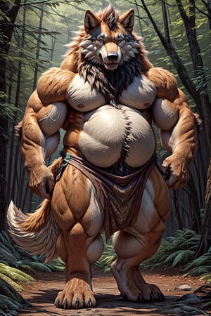 An obese anthropomorphic wolf with orange fur, a HUGE belly, thick legs, a chubby face, and muscular limbs, and a nearly spherical body, dressed in a loin cloth and carrying a huge wooden club over his shoulder and standing in a forest.