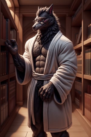 An anthropomorphic raven wearing dorky glasses and wearing a robe standing in a library