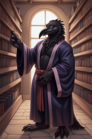 An anthropomorphic raven with black feathers and a black beak wearing dorky glasses and wearing a wizard robe standing in a library