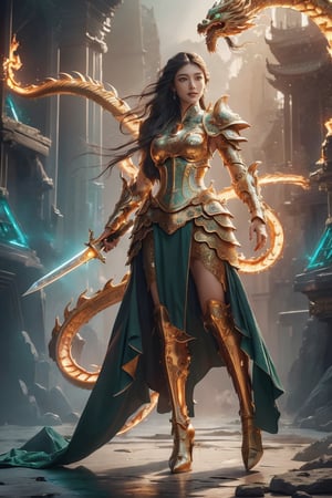 (detailed beautiful eyes and detailed face, masterpiece side light, masterpiece, best quality, detailed, high resolution illustration), A gorgeous battle maiden, long black hair, emerald green eyes, bewitching smile, full body, heavy armor, divine armor, majestic and intricate armor, glows with an ethereal light, a majestic sword, attacking pose, hourglass bodyshape, (upper body), front_view, mech4rmor, , ((full body shots:1.38)) ,1 girl, (Oriental Dragon), Golden oriental dragon , on a red cloud background, fire, lightning,