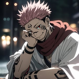 ((masterpiece)),high quality,8k, details, cinematic lights,


BREAK: ryomen sukuna ,solo, looking at viewer, smile, short hair, red eyes, 1boy, sitting, pink hair, male focus, japanese clothes, kimono, scarf, tattoo, spiked hair, black nails, head rest, smirk, white kimono, arm tattoo, undercut, facial tattoo, extra eyes, ryoumen sukuna \(jujutsu kaisen\), photo background,scenery, ghibli style,AOT_STYLE