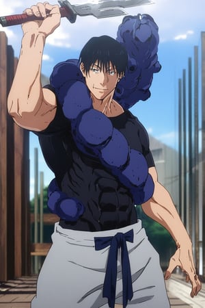 solo, looking at viewer, smile, short hair, shirt, black hair, 1boy, holding, closed mouth, standing, weapon, short sleeves, male focus, outdoors, pants, sword, holding weapon, black shirt, muscular, holding sword, pectorals, muscular male, covered abs, tight shirt,touji_fushiguro\(jujutsu kaisen\),Jujutsu Kaisen Season 2 Anime Style